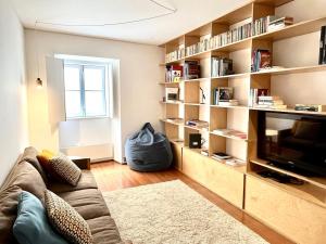 a living room with a couch and a television at SOBRE RIBAS 12 in Coimbra