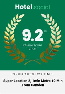 Un certificado, premio, letrero u otro documento en Super location 2, 1min metro 10 min from Camden