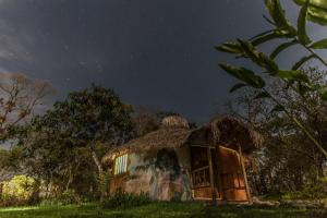 a house with a painting of a woman on the side at night at Finca Ecológica El Maco in San Agustín