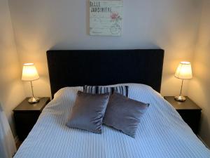 Una cama con dos almohadas y dos lámparas. en Cozy cottages with sauna in Öland, en Mörbylånga