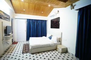 een slaapkamer met een bed en blauwe gordijnen en een televisie bij The Castle Villa Pine View Kasauli in Kasauli