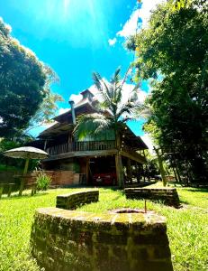 a house with a palm tree in front of it at Casa Meu Céu in Itá