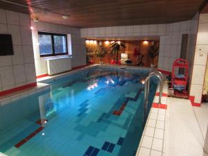a large indoor swimming pool with blue and red tiles at FeWo im Studio Wintergarten in Kallstadt