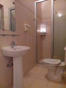 Un baño con inodoro, lavabo y ducha. en Il-Guva Penthouse at Marsalforn, en Marsalforn