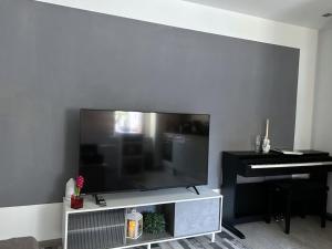 a living room with a flat screen tv and a piano at Ferienwohnung Musche in Bad Frankenhausen