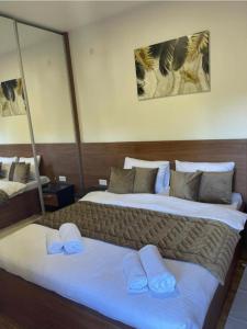 two beds in a hotel room with mirrors at Apartman Žaxtef Wellnes&Spa in Zlatibor +49 photos