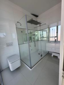 a bathroom with a shower and a toilet and a sink at Apartamento Cubo de Cristal con piscina y vistas al mar in O Grove