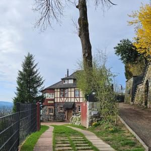 a house with a tree on the side of a road at Villa Christina in Lindenfels