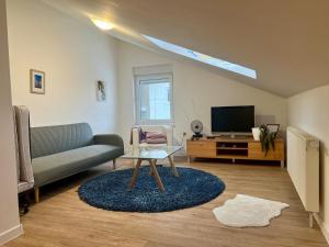 a living room with a couch and a tv at Guest house Ruža in Tenja