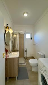 a bathroom with a shower and a toilet and a sink at Vela de Estai in Vila Nova de Milfontes +45 photos