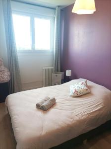 ルマンにあるBel appartement tout équipéのベッドとタオル2枚のある寝室