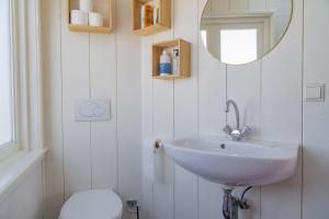 a bathroom with a sink and a toilet and a mirror at Pat's home in Alkmaar +24 photos