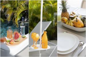 un collage di quattro immagini di frutta e bevande di Bungalow Visão a Sainte-Anne