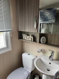 a bathroom with a toilet and a sink at Silver Birch Retreat - Percy Woods Country Retreat With 18 HOLE FREE GOLF in Alnwick +4 photos