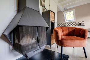 a living room with a chair and a fireplace at Houtduif I Huisje met Omliggende Tuin in Zwiggelte