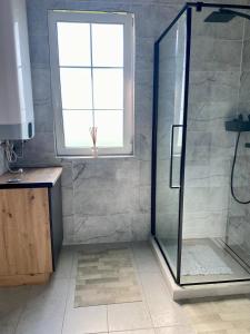 a shower in a bathroom with a window at Sauna for celebration and leisure in Grygaytse +11 photos