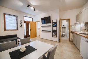 a kitchen and living room with a table and chairs at Apartment TRG in Brežice