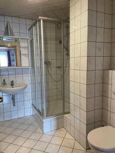 a bathroom with a shower and a toilet and a sink at Ferienwohnung im Herzen Schönach in Herdwangen-Schönach