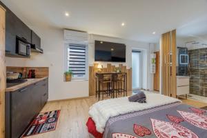 een slaapkamer met een groot bed en een keuken bij Le Montblanc spa in Roanne +8 foto's