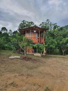 a wooden house with a balcony in a field at Digrú Spaa in Pejibaye