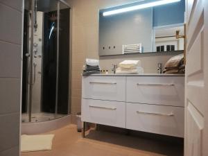 een badkamer met wastafel en douche bij Domaine de la Ferme de Mont in Mormant