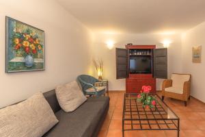 ein Wohnzimmer mit Sofa und Fernseher in der Unterkunft Fischerhaus 316 in Rechlin