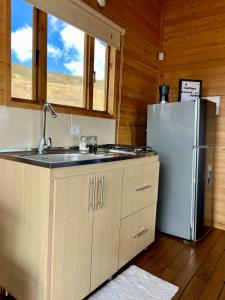 a kitchen with a refrigerator and a sink at villas de la montaña, Tona, Berlin Santander in Tona