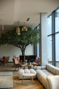 salon z kanapą i drzewem w obiekcie Hotel Mazurski Raj w mieście Ruciane-Nida