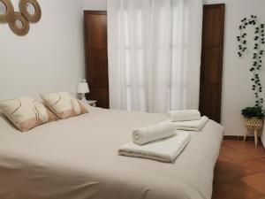 a bedroom with a white bed with towels on it at Apartamento María Platero Céntrico y con las mejores vistas del casco antiguo la montaña y el mar mediterráneo in Frigiliana +11 photos