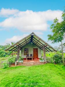 ein kleines Haus mit einer roten Tür auf einer grünen Wiese in der Unterkunft Habarana Farm Cottage in Habarana