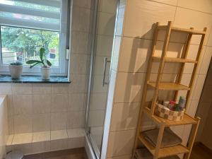 a shower with a wooden shelf in a bathroom at Am Oberpark in Bad Muskau