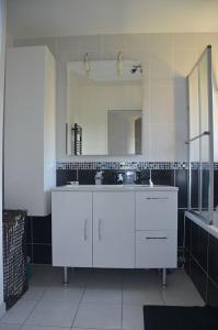a bathroom with a white sink and a mirror at Maison Reine-Claude in Esbly