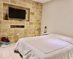 a bedroom with a bed and a tv on a wall at Dpto Los Medanos in Puerto Madryn