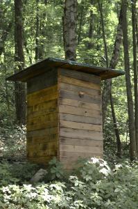 a wooden out house in the middle of the woods at Treehouse Velké Losiny in Velké Losiny