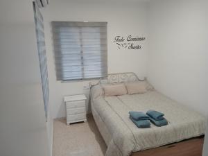 a bedroom with a bed with two blue pillows on it at Apartamentos de la mansión in Carmona