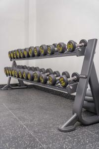a rack of dumbbells in a gym at Iconic 1Br in Riverside with views and gym in Nairobi