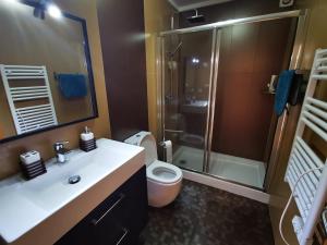 a bathroom with a shower and a toilet and a sink at Casa da Ponte in Troporiz +5 photos