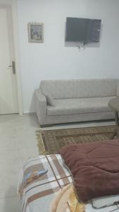 a living room with a couch and a television at La MAISON DU VAL in Jbeil