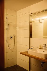 a bathroom with a sink and a shower at Tanafreida Berg-Refugium in Sankt Gallenkirch
