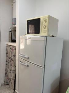 a microwave sitting on top of a refrigerator at Monoambiente frente al mar in Monte Hermoso