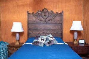 a bedroom with a blue bed with two lamps at Boulderdash Cabin in Bandera