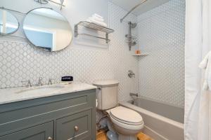 a bathroom with a sink and a toilet and a mirror at One block walk to gondola, ski lockers downstairs, River Trail close by! in Telluride +10 photos