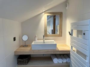 łazienka z białą umywalką i lustrem w obiekcie Villa Forêt et Spa w mieście Champdray +33 zdjęcia