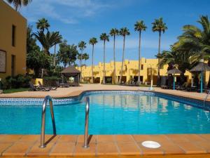 a swimming pool at a resort with palm trees at Corralejo Atlantic Garden Andrew apartments Pool air conditioning in Corralejo