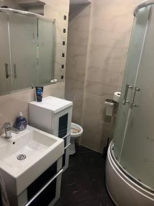a bathroom with a sink and a shower and a toilet at Kwatery pracownicze Rumia in Rumia +15 photos