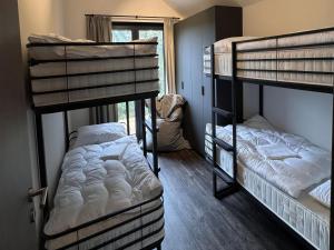 a room with three bunk beds and a window at modernes Chalet in Hahnenklee in Hahnenklee-Bockswiese