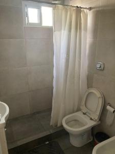 y baño con aseo y cortina de ducha. en Casa Las Dunas- 6 cuadras del mar, en Monte Hermoso