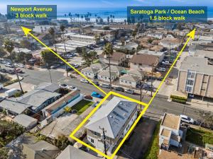 an aerial view of a city with a yellow line at Newly Renovated 3BR Modern Apt in Heart of Ocean Beach in San Diego