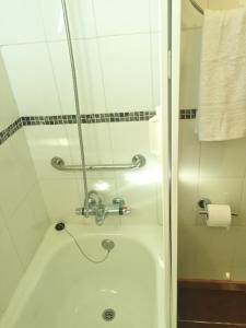 a bathroom with a bath tub with a shower at Tribu Malen Apartamentos in Temuco +23 photos