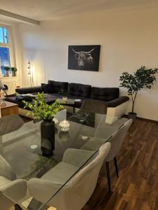 a living room with a glass table and a couch at Boardinghouse Plauen im Zentrum der Stadt in Plauen